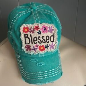 KBEthos turquoise embroidered “Blessed” patch distressed white stitching cap.
